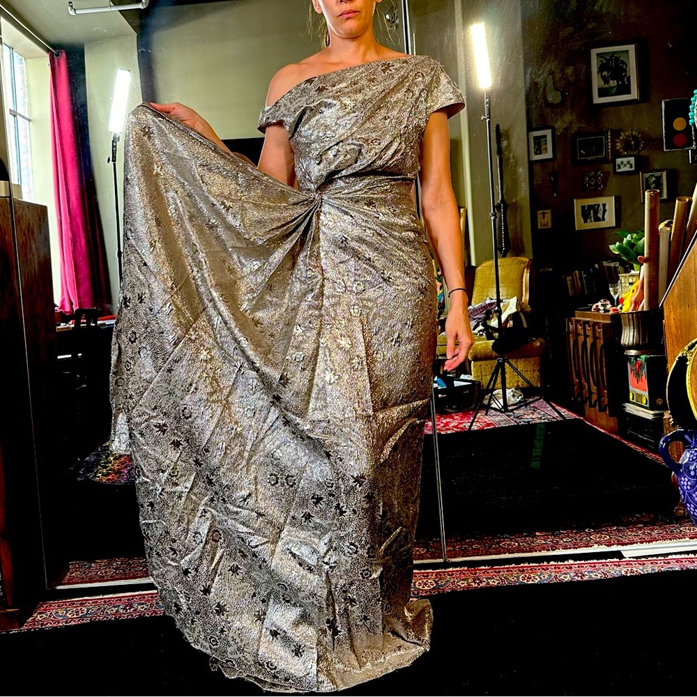 Lela Rose Metallic Silver One-Shoulder Dress